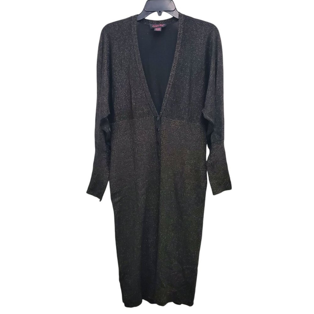 Shape FX Black Metallic Gold Knit Extra Long Cardigan Duster Sweater Dress‎ Sz L